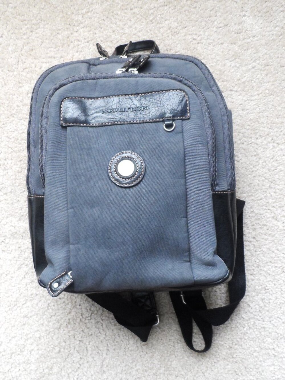 Moufion - Grey Nylon Backpack Black Faux Leather Trim  Mini Adjustable Strap